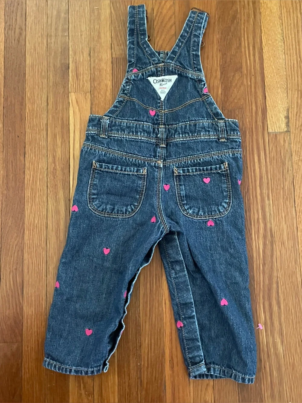 OshKosh B'gosh Dark Blue Denim Overalls with Pink Heart Embroidery